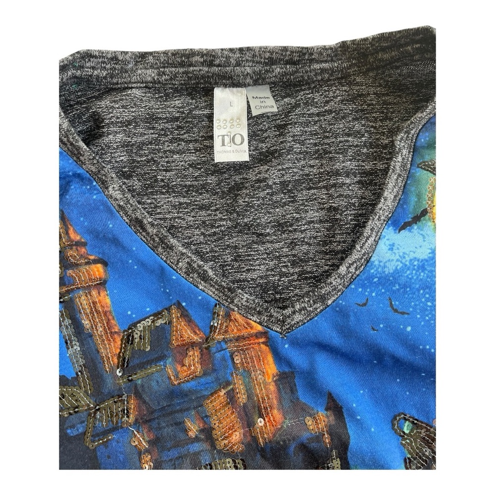 Thomas & Olivia V-Neck 3/4 Sleeve Halloween Sequin Cat & Pumpkin Shirt L - Picture 4 of 6